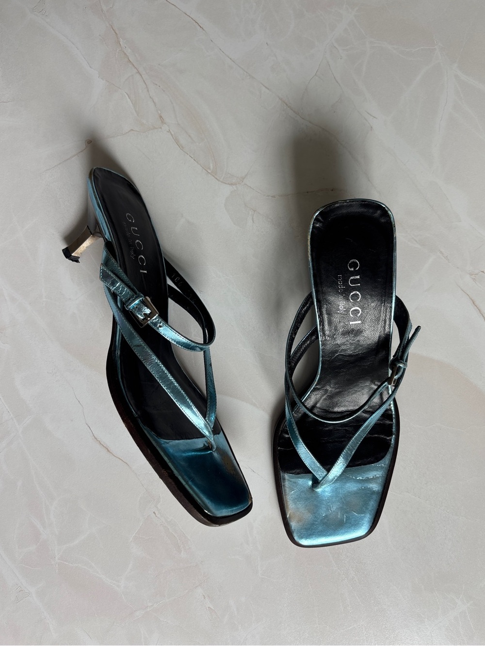 vintage Y2K Gucci steel blue kitten heel thong sandal